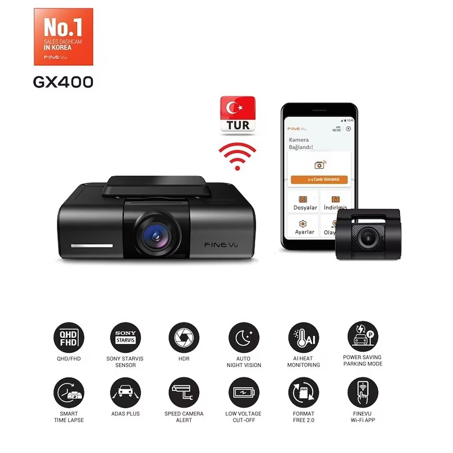 Finevu GX400 QHD 2K Wi-Fi Türkçe 2 Kameralı Araç Kamerası - KolayOto