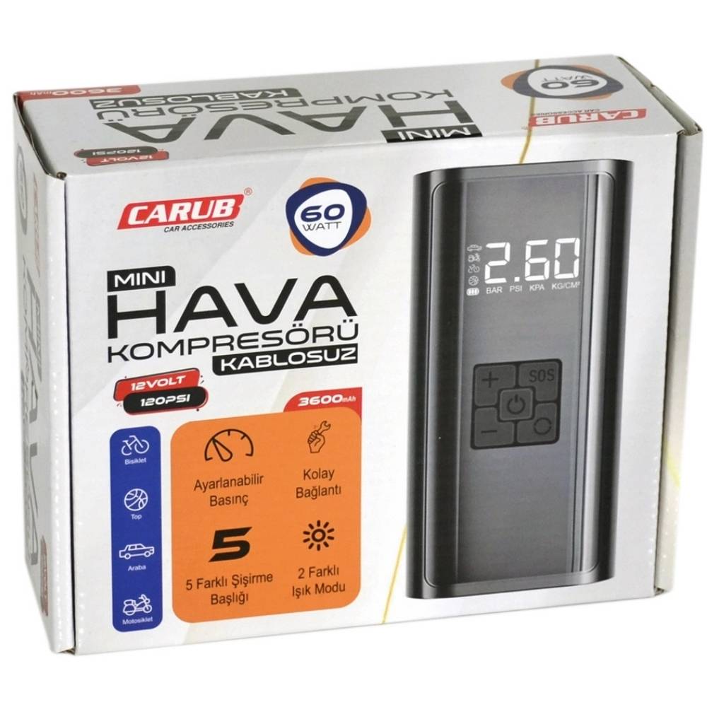Carub Şarjlı Kablosuz Dijital 12V 60W 120PSI 3600mAh Usb/Type C Hava Kompresörü