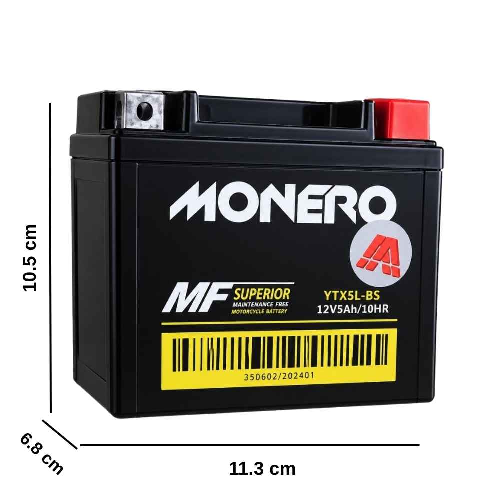 Monero 12V 5 Ah YTX5L-BS Alçak Yatık Tip Motosiklet Aküsü