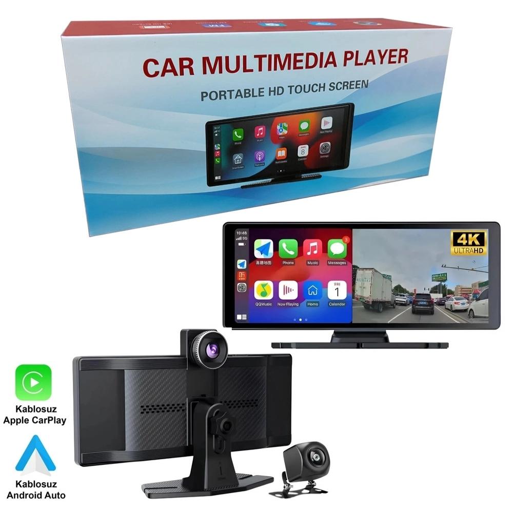 NYF MB-250 Wevolt DVR 10 inç 4K Carplay ve Android Çift Kameralı (128 GB Destekli) Araç İçi Kayıt Cihazı