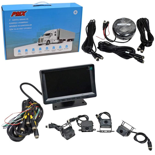 PMX DVR Kamyon-Tır-Minibüs 12-24V 7 inç Ekranlı 4 Kameralı (128GB Destekli) Kayıt Cihazı